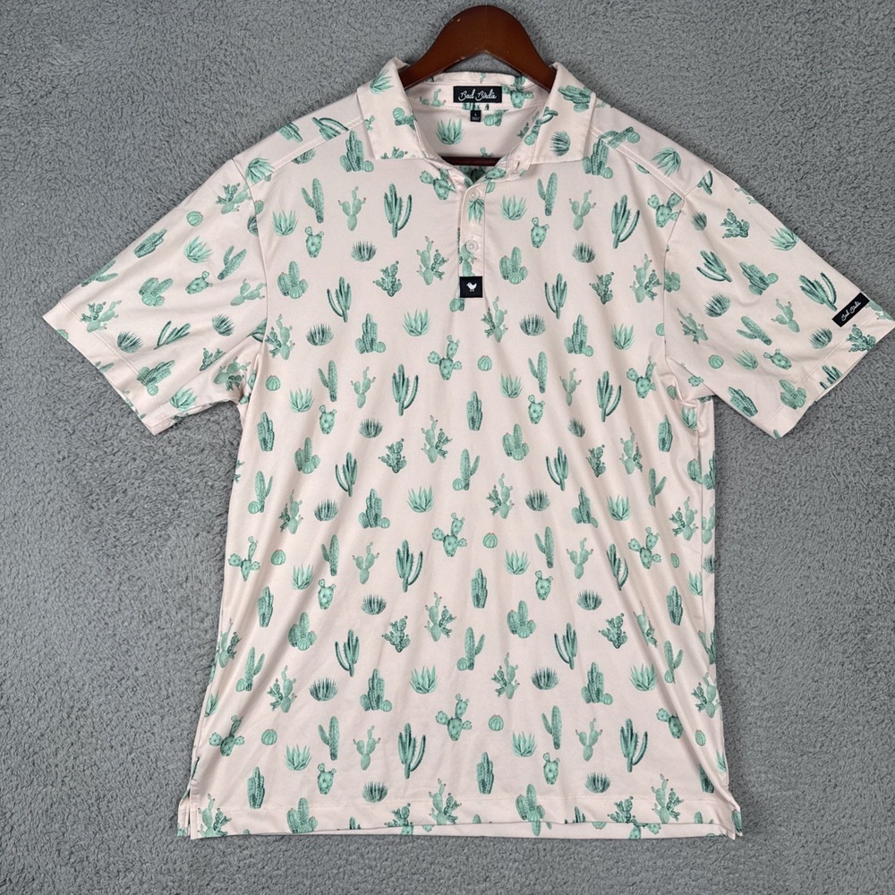 Bad Birdie Golf Polo Shirt Mens Large Pink Cactus AOP Performance Stretch